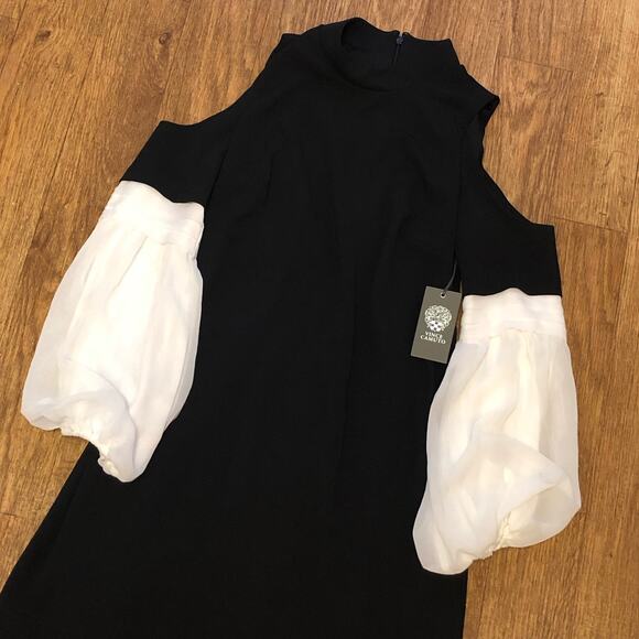 Vince Camuto Black Cold Shoulder White Chiffon Sleeves Dress Size Small - Picture 4 of 13